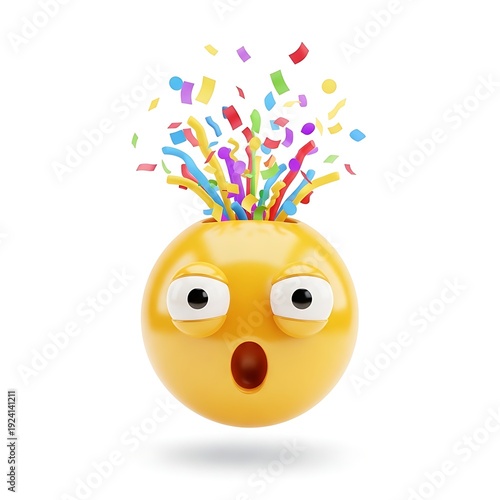 Yellow surprised emoji head explodes with multicolored confetti streaming upwards against a stark white backdrop.