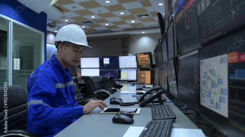 Engineer computer working at control room,Manager control system,Technician man monitoring program from a lot of monitor