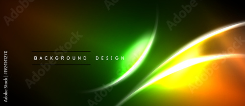 Abstract vibrant design features flowing lines, gradients. Green, yellow, orange hues dominate dark background. Modern aesthetic.