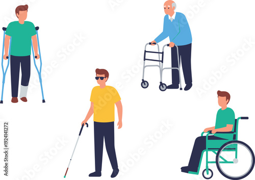 Disability Assistance Illustration Set with People Using Crutches Wheelchair Walker and White Cane Representing Accessibility Inclusion and Support Services Concept