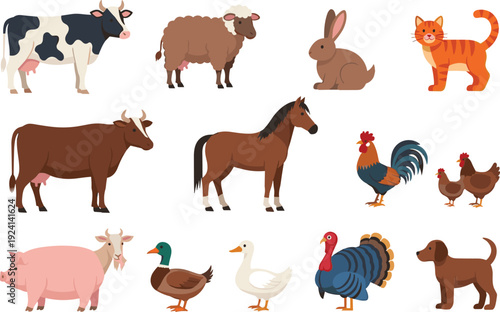Farm Animal Illustration Set with Cow Horse Pig Chicken Duck Turkey Rabbit and Cat Collection for Agriculture and Rural Life Design