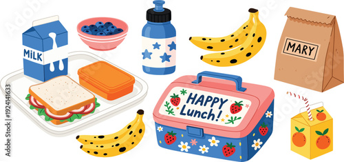 School Lunch Food Vector Set with Sandwich, Milk, Bananas, Juice, and Lunchbox for Kids Nutrition, Healthy Eating, and Cafeteria Design Projects