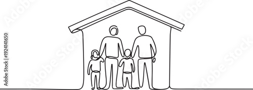 continuous line of family insurance.single line vector of family holding artificial roof.family insurance concep. single line vector illustration. isolated white background