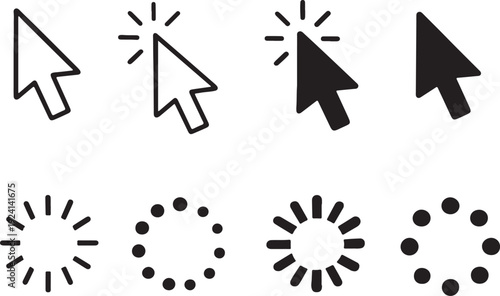 Computer mouse click cursor gray arrow icons set and loading icons