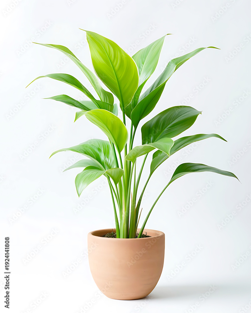 Fototapeta premium Bright green plant with broad leaves in a simple terra cotta pot, isolated on a white studio background