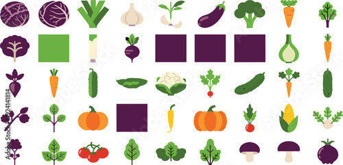 Vegetable Icon Set with Fresh Organic Garden Produce Including Carrot, Broccoli, Eggplant, Pumpkin, and Leafy Greens for Healthy Food and Farming Designs