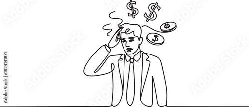 continuous line of dizzy businessman holding head and thinking about money. single line vector illustration. isolated white background