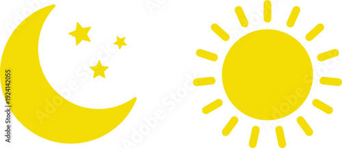 Golden sun and crescent moon symbols on white background