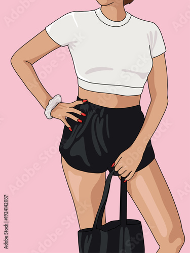 Vector Illustration of a Woman in White T-shirt and Black Shorts Holding a Black Tote Bag against Pink Background