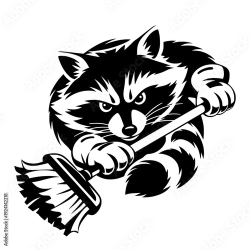 raccoon mascot logo vector illustration broom cleaning sweep icon silhouette monochrome black white.