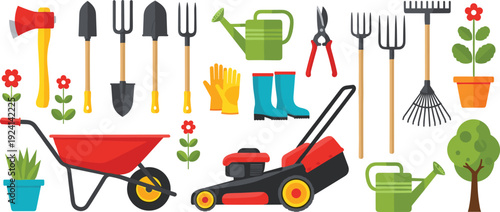Gardening Tools Illustration Set with Lawn Mower Wheelbarrow Shovel Rake Watering Can and Plants for Outdoor Landscaping and Garden Care Design