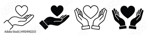 Heart and hand icons, love symbol collection, outline and solid line variations, love, care, giving, charity, and support