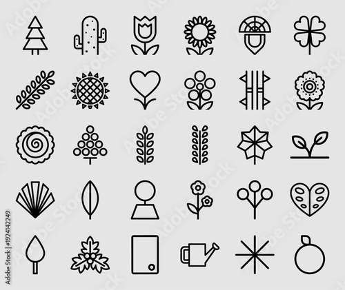 Botanical and gardening line art icons for sustainable branding and eco-friendly packaging. Minimalist monoline plant, leaf, and flower symbols.
