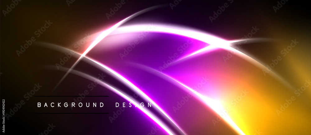 Obraz premium Abstract neon lines create vibrant, flowing curves. Warm colors blend into cool purple hues. Background text reads background design.