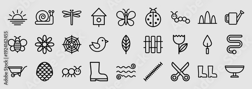 Spring gardening and backyard nature elements in a clean monoline style. Minimalist outdoor life pictograms for seasonal landscaping and ecology infographics.