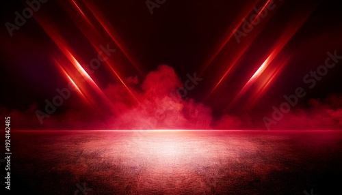 the dark stage shows dark red background an empty dark scene neon light and spotlights the concrete floor and studio room with smoke float up the interior texture for display products