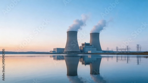 Nuclear power plant with cooling towers and water reflection at sunrise, idea for clean energy production, electricity generation, industrial infrastructure, and sustainable power technology