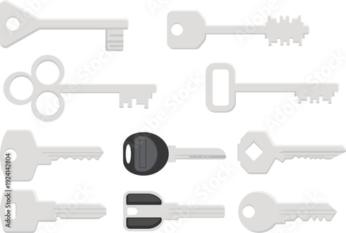 Minimal flat illustration of various house keys with one key emphasized in the center, symbolizing access, security, ownership, and protection. Ideal for concepts of home safety, real estate