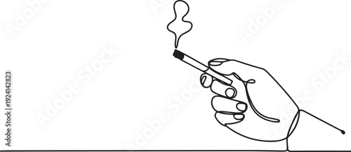 Continuous one line drawing hand holding a cigarette with cigarette smoke. single line vector illustration. isolated white background