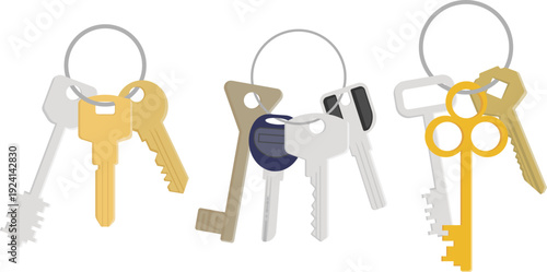 Flat style illustration showing multiple bunches of keys on rings, featuring different shapes and colors including a prominent golden key. Represents property access, tenancy, ownership transfer, and