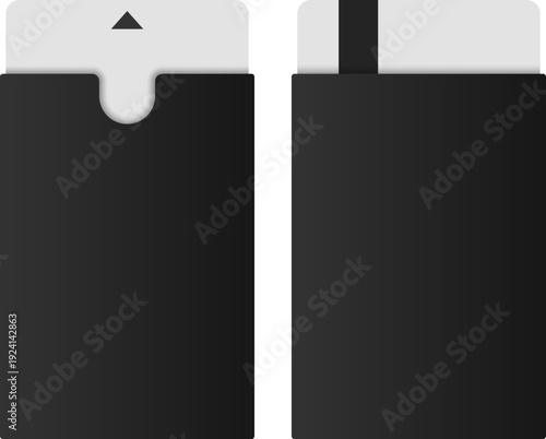 Realistic vector illustration of a black card holder with an access card partially inserted and removed, shown in front and back views. ideal for concepts of identification, security, office access