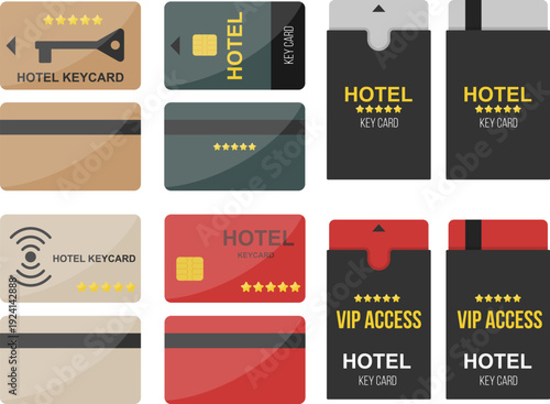 Flat vector set of hotel key cards and electronic access devices, including RFID cards, room entry badges, and smart lock symbols. Ideal for hospitality, security, travel, apartment access systems