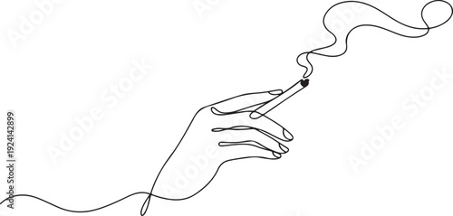 Continuous one line drawing hand holding a cigarette with cigarette smoke. single line vector illustration. isolated white background