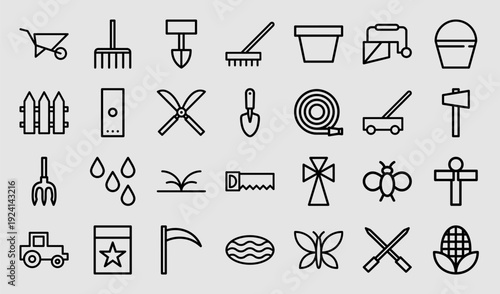 Gardening and agriculture monoline icon set for landscaping services. Professional black line pictograms featuring farming tools and harvest symbols.