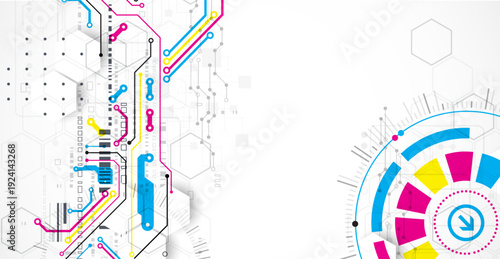 Abstract technological background with various elements. CMYK concept. Vector