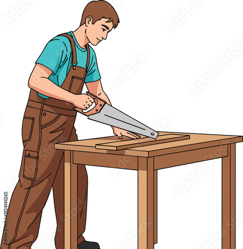 Carpenter Working with Hand Saw Illustration Showing Woodworking Craft Construction Skill and Manual Labor in Professional Workshop Environment Concept