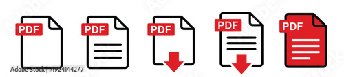 PDF document icons set in line style, file, page, download, and label