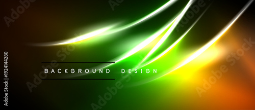Abstract neon lines create vibrant gradient background. Dark edges frame bright green, yellow, orange hues. Text reads background design.