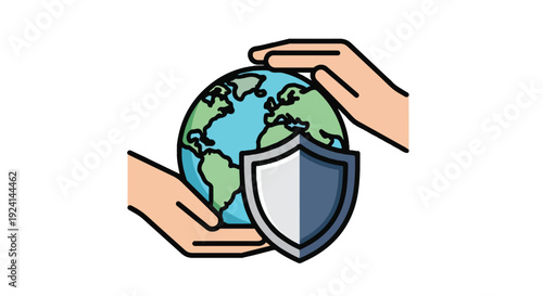 Hands holding earth with shield icon vector