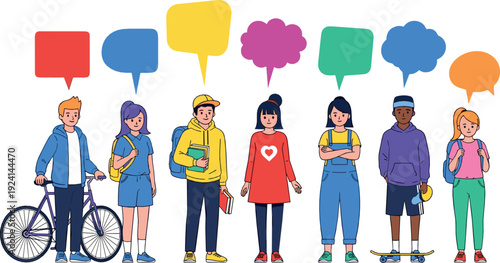 Diverse young people with speech bubbles flat vector illustration of communication and social interaction