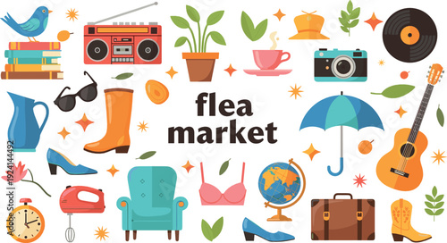 Flea market vintage items illustration set flat vector collection of retro objects and second hand goods isolated on light background
