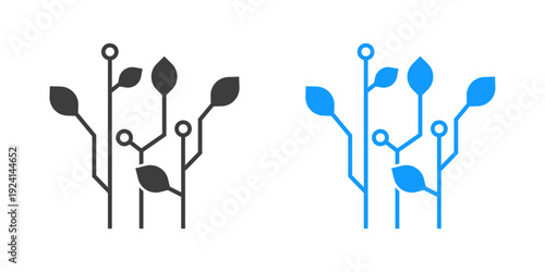 Stylized digital plant icon merging natural elements with circuit board designs, representing green technology, sustainable innovation, and biotech growth. Presented in dark gray and vibrant blue 
