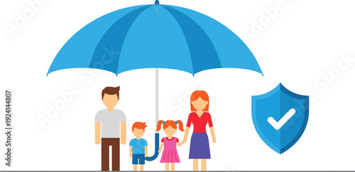 Family Protection Insurance Concept Illustration with Parents and Children Under Umbrella Shield Symbol Representing Safety Security and Financial Coverage