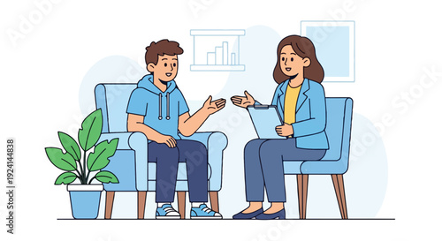 Young man having a consultation with a female psychologist or coach in an office setting, discussing mental health or personal development.