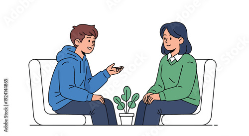 Two young people, a man and a woman, sitting and talking with a small plant between them, in a flat vector illustration style.