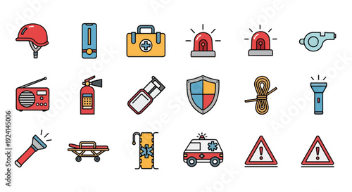 Emergency and rescue outline icon collection. Includes helmet, radio, fire extinguisher, first aid kit, siren, whistle, flashlight, stretcher, ambulance