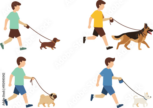 People Walking Dogs Illustration Set with Different Breeds and Owners Outdoor Pet Care Activity Collection for Healthy Lifestyle Concept