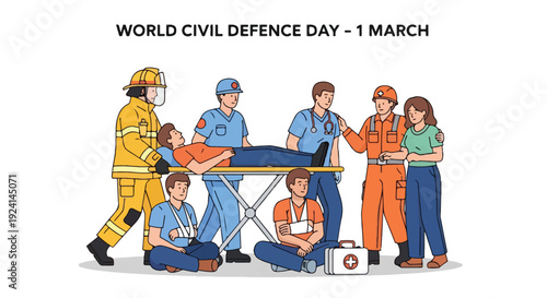 World Civil Defence Day illustration with emergency responders and injured person. Includes firefighter, paramedics, and first aid kit.