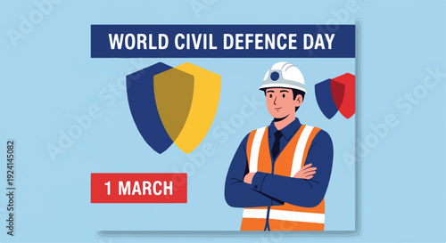 World Civil Defence Day vector illustration with male worker in hard hat and safety vest