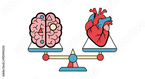 Brain and heart on a balance scale vector illustration. Conceptual image of logic versus emotion, mental health, and decision-making.