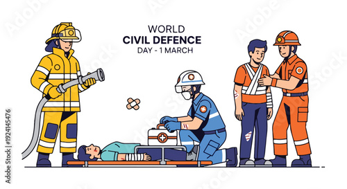 World Civil Defence Day illustration with firefighter, paramedic, and rescue workers assisting injured people on a stretcher
