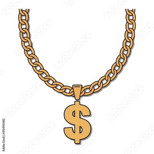 A gold chain necklace with a dollar sign pendant on a white background