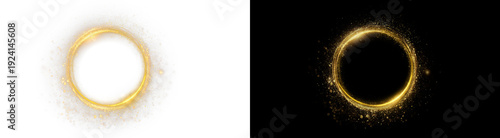 PNG image of Glowing Gold Ring on Black and transparent background. Magic sparkle circle, abstract glitter frame, and shining light dust.