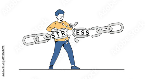 Man breaking a metal chain with the word 'STRESS' on it, symbolizing stress relief and mental freedom