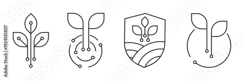Set of four line art icons combining plant sprouts and digital circuit elements, representing smart agriculture, biotech, sustainable technology, and ecological innovation concepts.