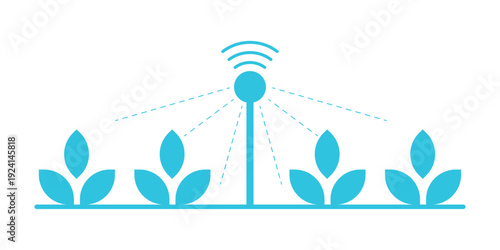 Illustration depicting smart agriculture with a central sensor or irrigation system monitoring and managing crop health and watering, utilizing modern digital farming technology.